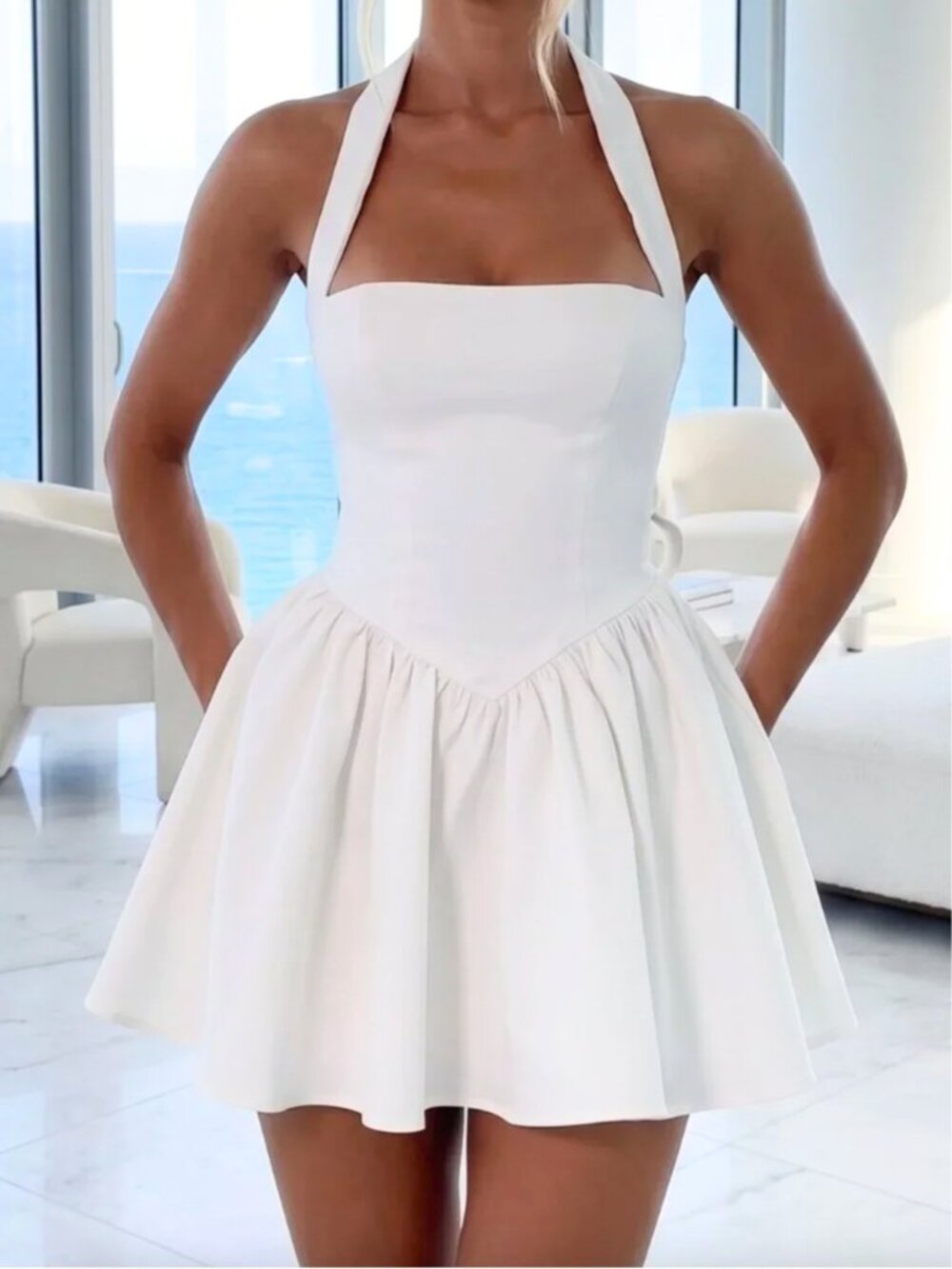 Showpo White Halter Corset Fit & Flare Mini Dress US 2 Party Bridal Wedding